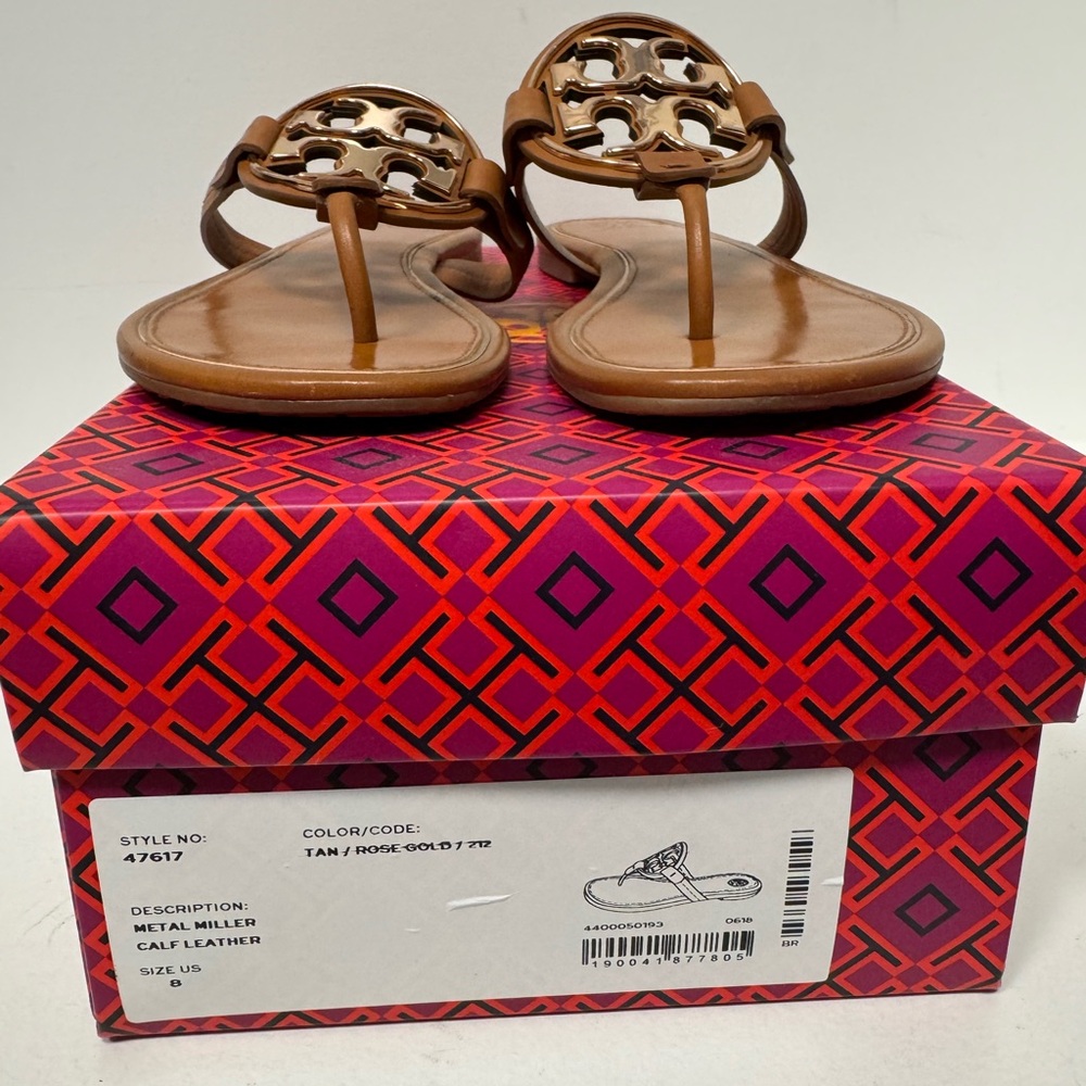 Tory Burch Tan Leather Miller Sandals with Gold Logo - Picture 4 of 5